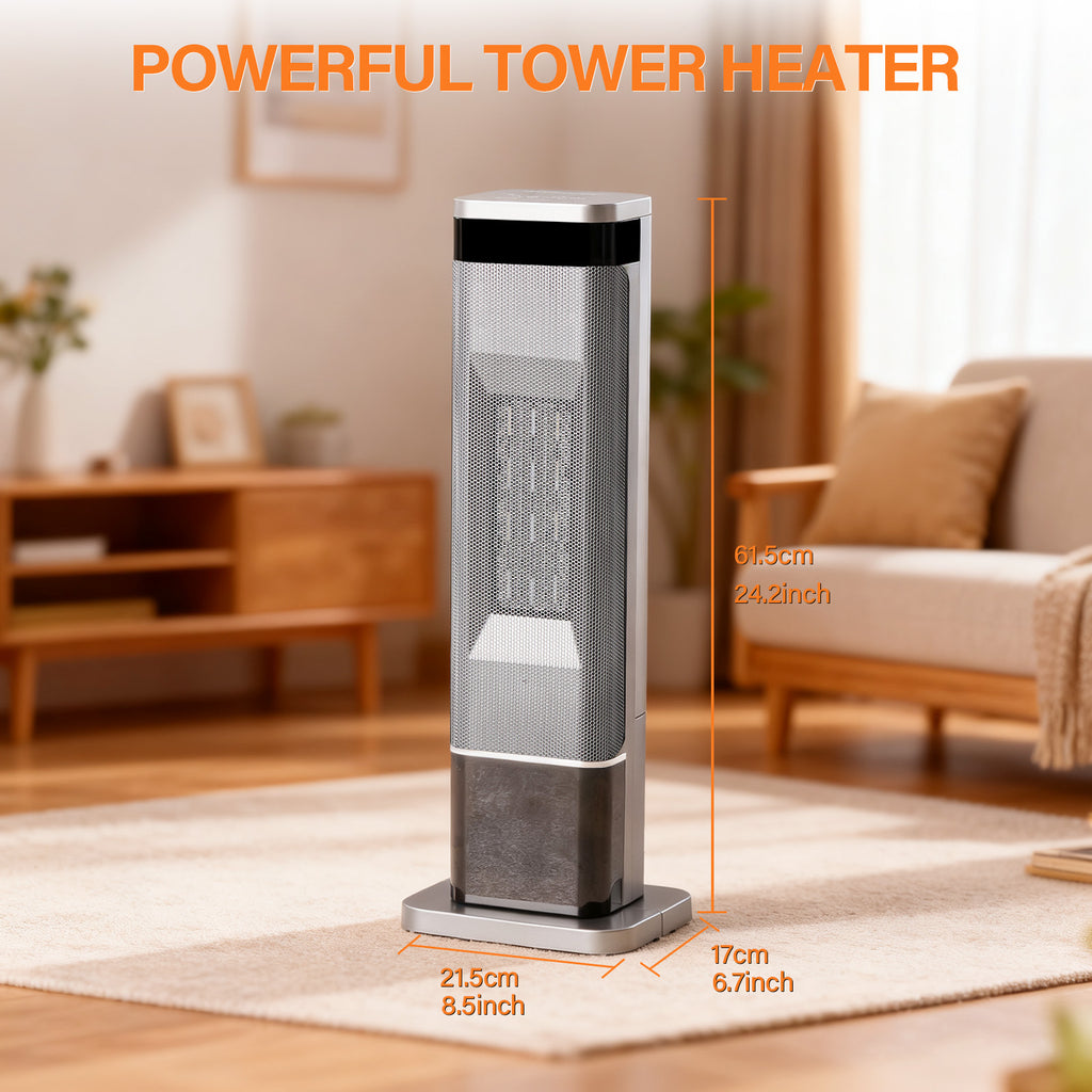LIFERECORD Portable Space Heater for Indoor Use, 60°Oscillating Tower Heater with Thermostat, 12H Timer and Remote Control, 24 Inches, 1500W, Up to 99°F, Silver