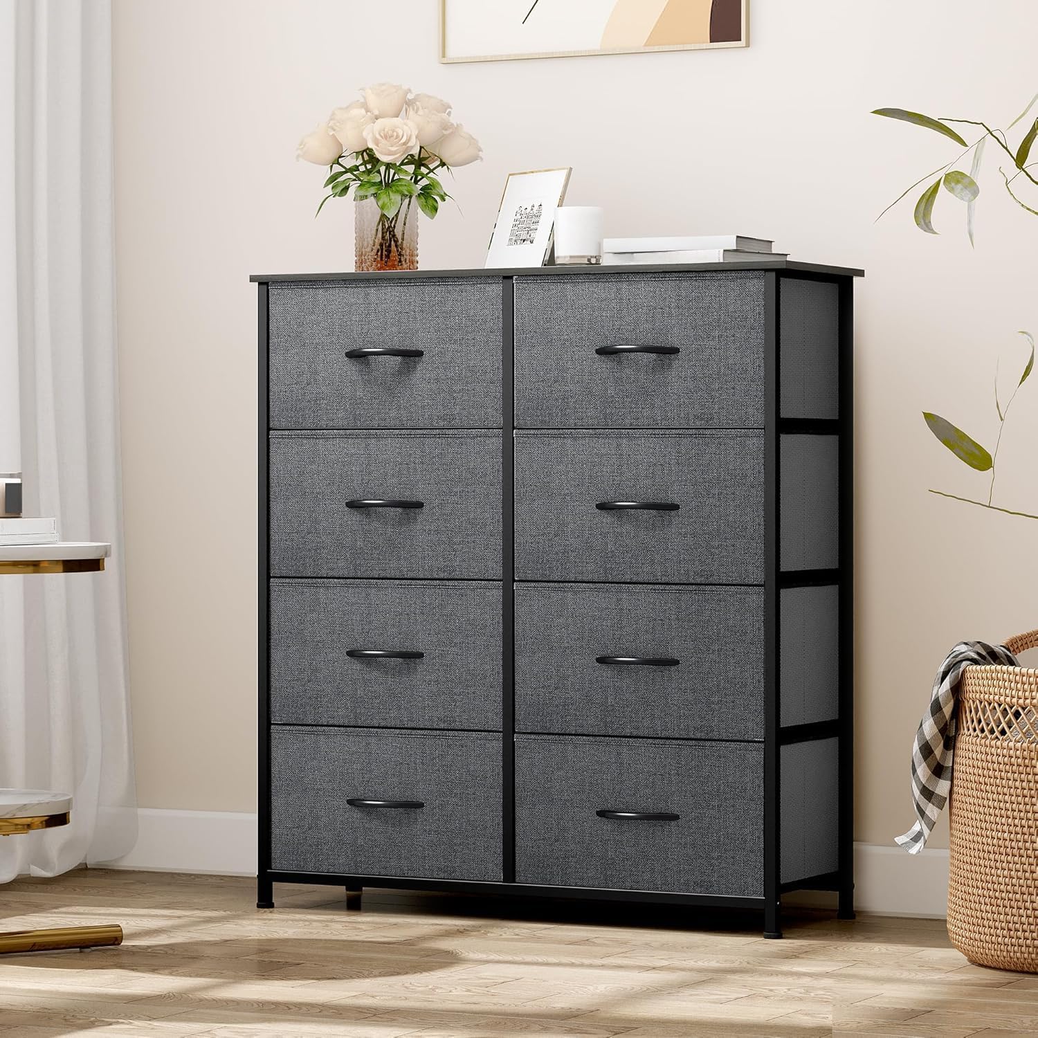 ACCVER Dresser for Bedroom 8 Storage drawer, Fabric Closet Chests Organizer Tower with Wooden Top Metal Frame for Living Room Hallway Entryway
