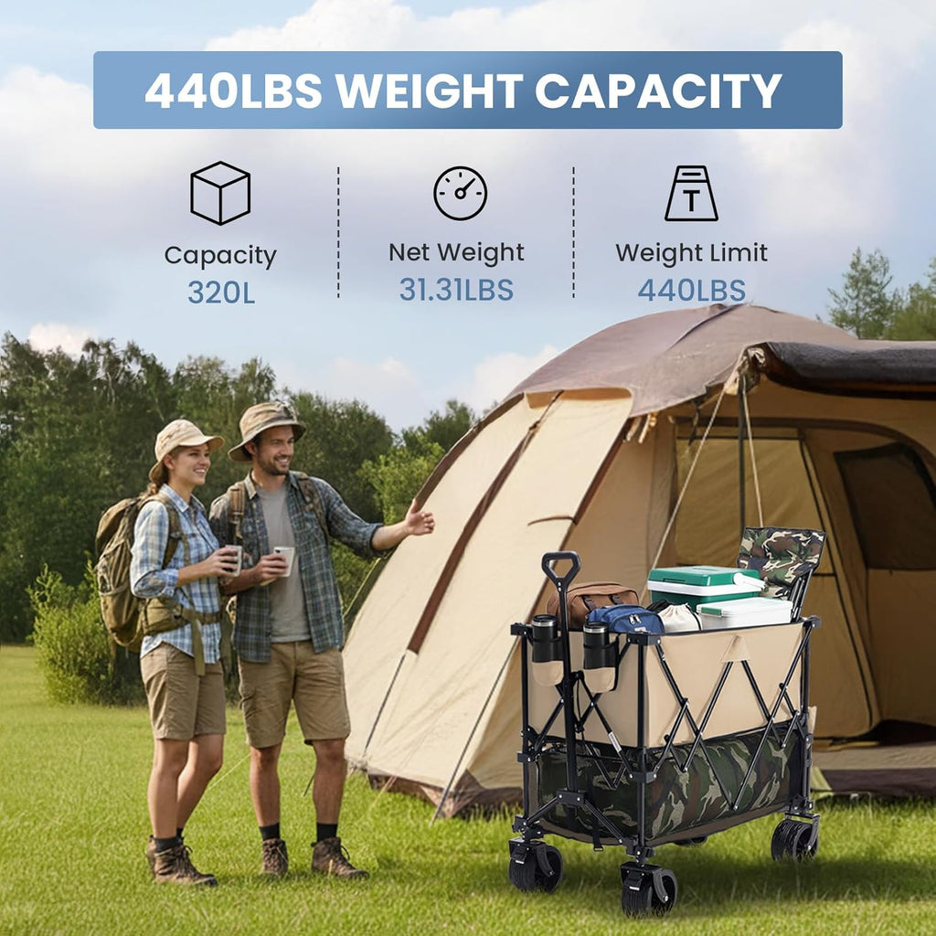 LIFERECORD Heavy-Duty Folding Wagon Cart - 440lb Capacity Foldable Utility Cart with Adjustable Handle & All-Terrain Wheels, Brown
