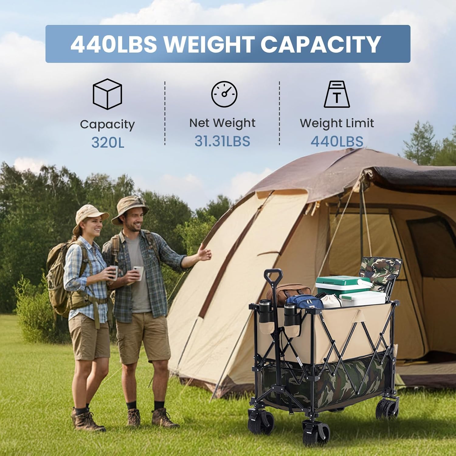 LIFERECORD Heavy-Duty Folding Wagon Cart - 440lb Capacity Foldable Utility Cart with Adjustable Handle & All-Terrain Wheels, Brown
