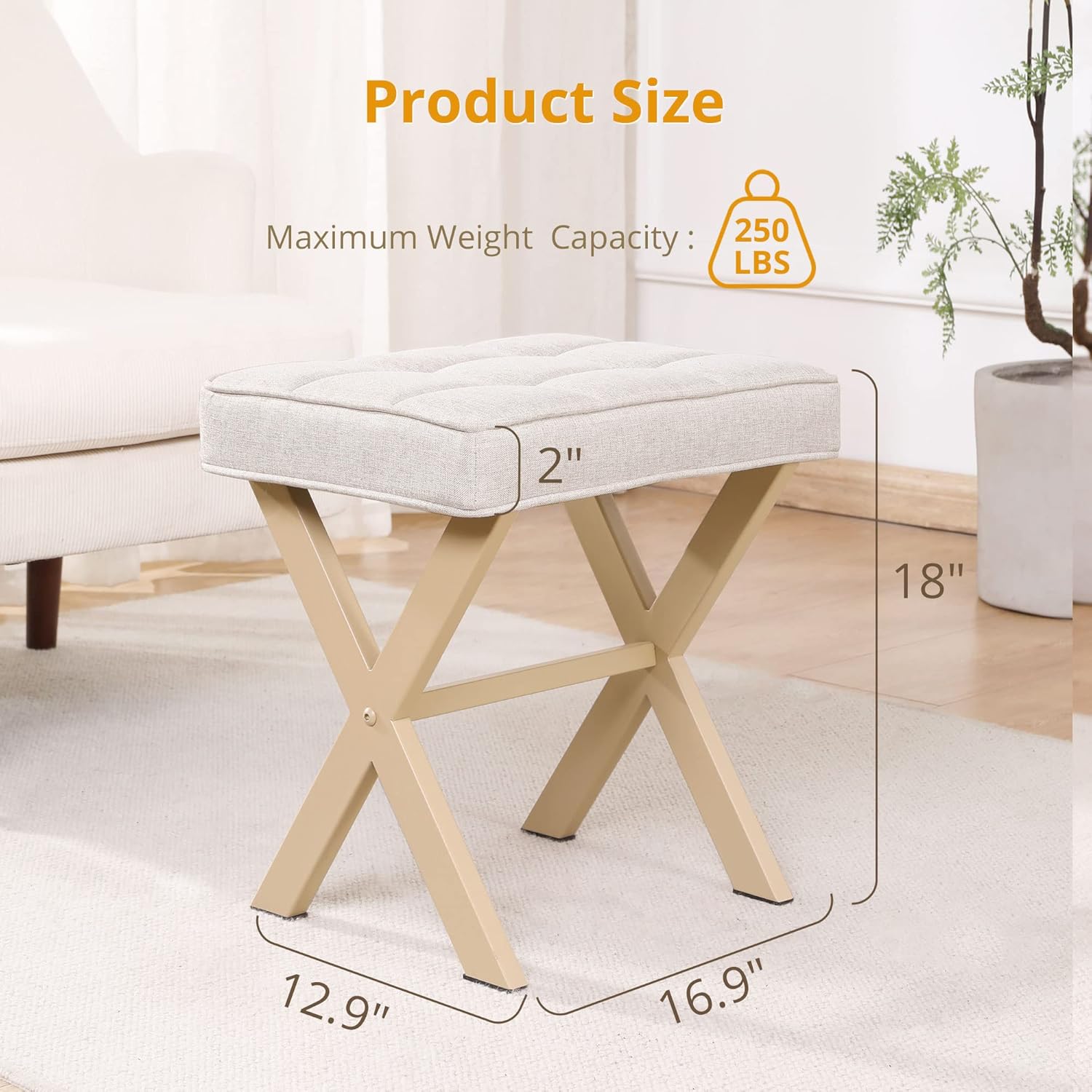 LIFERECORD Square Linen Makeup Stool with X-Leg Base - Modern Padded Vanity Stool & Foot Rest for Bedroom and Bathroom, Beige