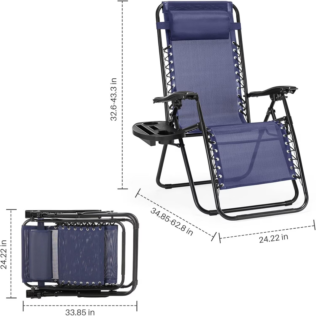 Set of 2 Zero Gravity Chairs with Cup Holder Trays, Portable Recliner Beach Camping Patio Outdoor Folding Lounge Chairs with Adjustable Pillow, Blue
