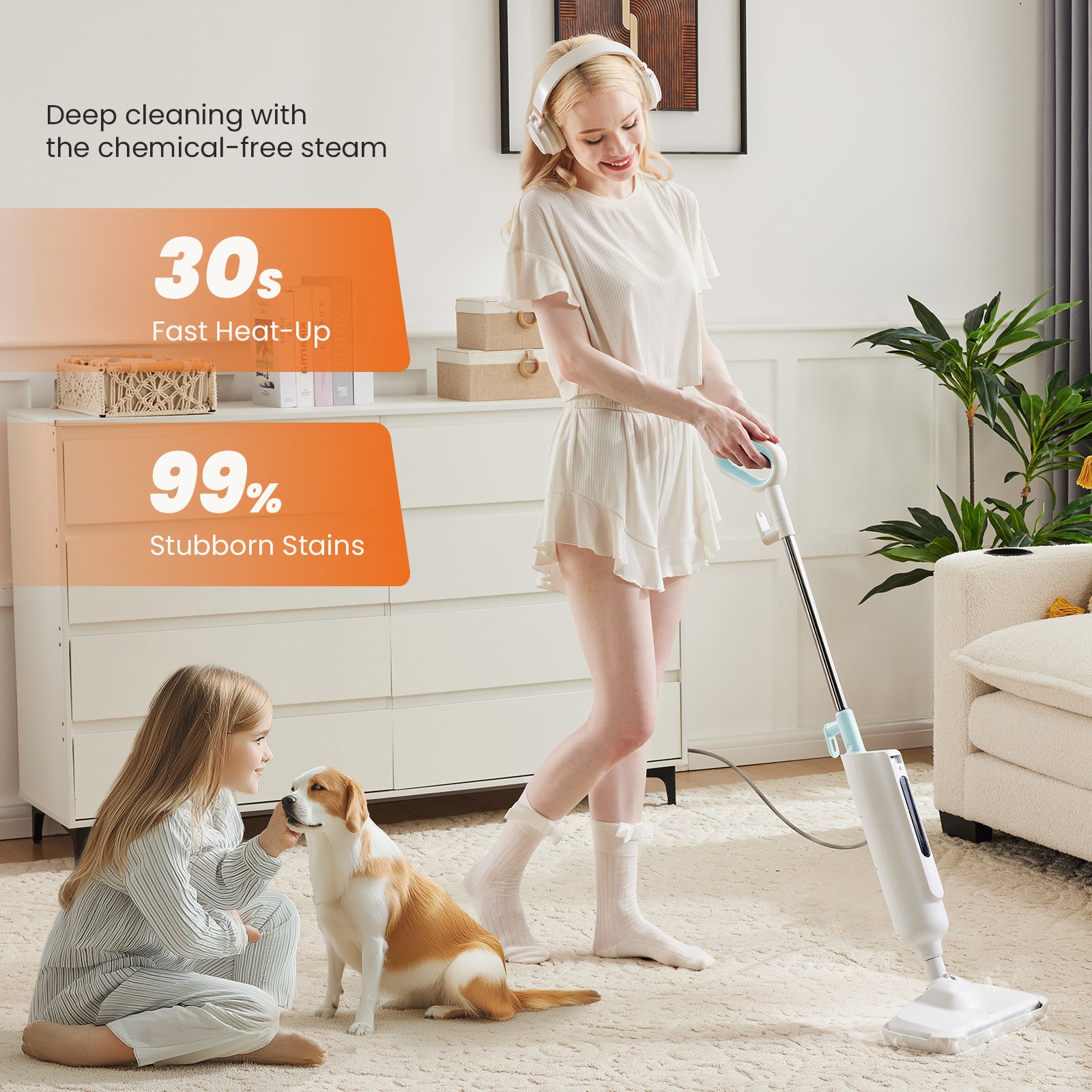LIFERECORD Lightweight Steam Mop for Floors & Carpets | 30-Second Heat Up, 16ft Cord & Swivel Head for Hardwood, Tile, Laminate with 2 Washable Pads, Green