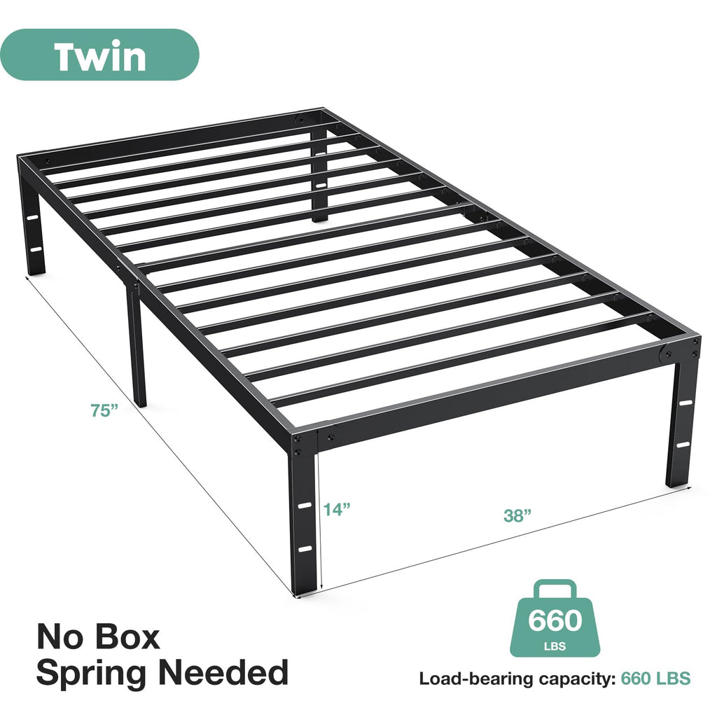 ACCVER Twin Size Bed Frame - 14in Heavy-Duty Steel Platform, Ample Under-Bed Storage Space, No Box Spring Needed, Sturdy Metal Slat Support