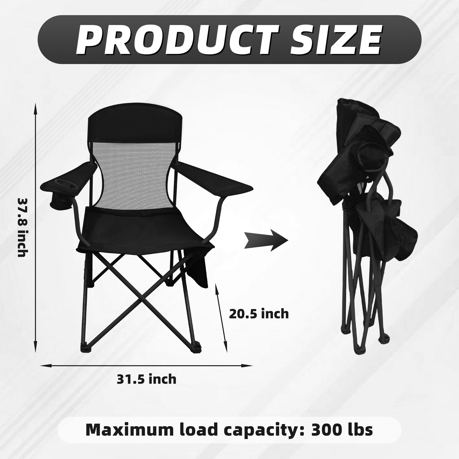 LIFERECORD Portable Camping Chair with Cup Holder & Side Pocket, Lightweight Folding Outdoor Chair for Beach, Fishing, Picnic, Heavy Duty 300LBS Capacity, Black