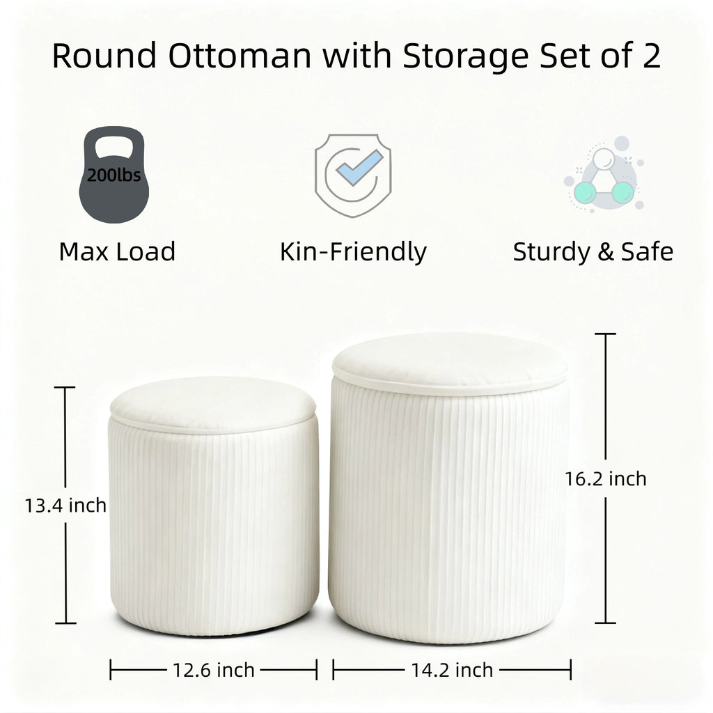 LIFERECORD Round Ottoman with Storage Set of 2, Vanity Stool with Storage for Bedroom, Ottoman Coffee Table,Small Velvet Foot Stool for Living Room, White