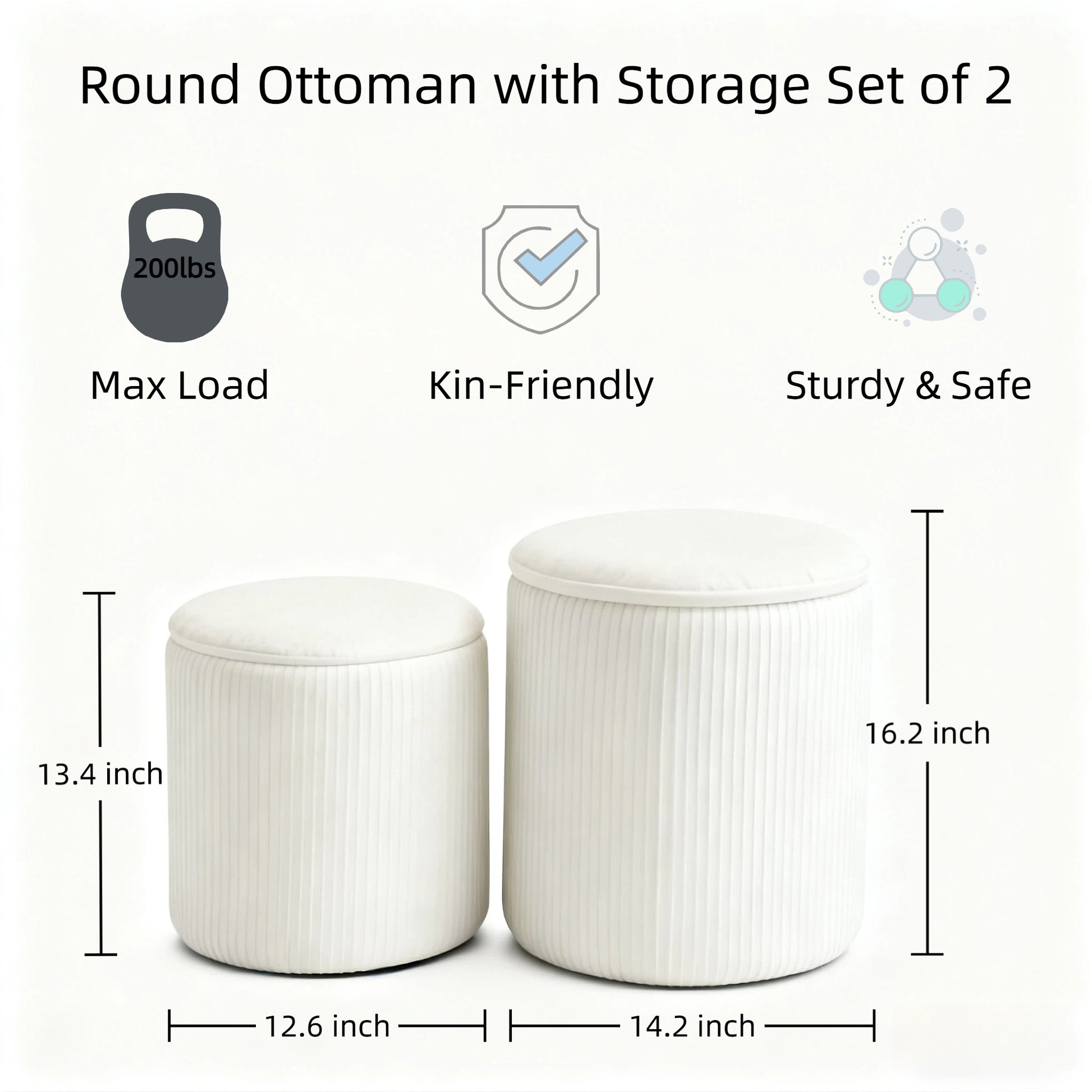 LIFERECORD Round Ottoman with Storage Set of 2, Vanity Stool with Storage for Bedroom, Ottoman Coffee Table,Small Velvet Foot Stool for Living Room, White