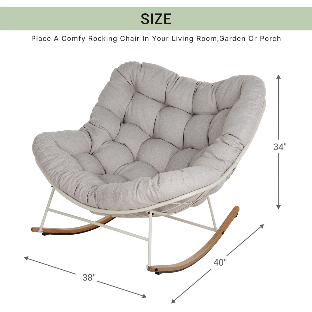 Outdoor Rocking Chair E-Coated Rocking Chair with Cushion Outdoor Rocker Recliner Chair for Patio Porch Garden Backyard, Beige