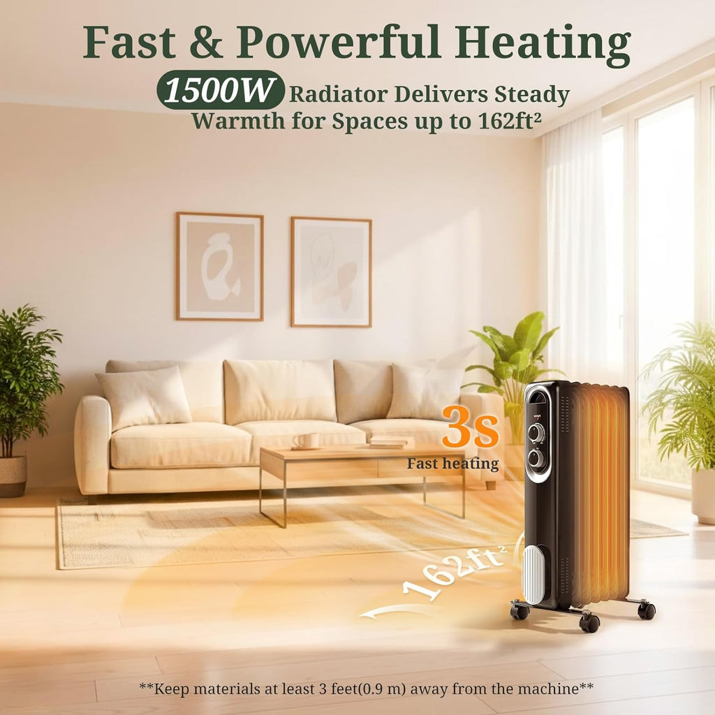 ROSVOVO 1500W Oil Filled Radiator Heater - 3 Heat Settings, Adjustable Thermostat, Ultra Quiet Portable Space Heater for Bedroom & Office, Black