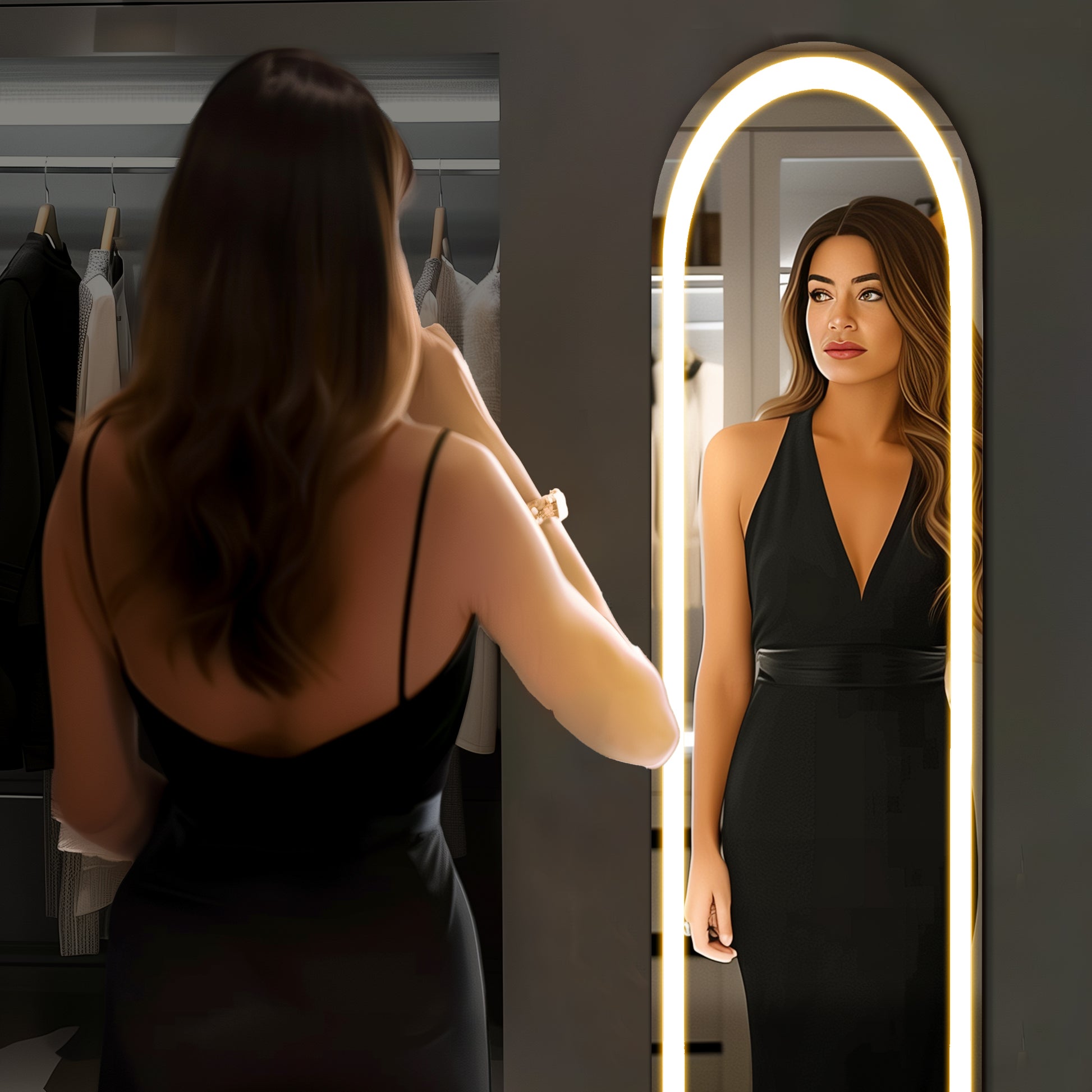 LIFERECORD 60"x16" Full Length Mirror with LED Lights, 3 Color Lighting Floor Standing Mirror with Dimming, Standing and Wall Mounted Mirror for Bedroom, Living Room, Cloakroom (Rounded Corners)