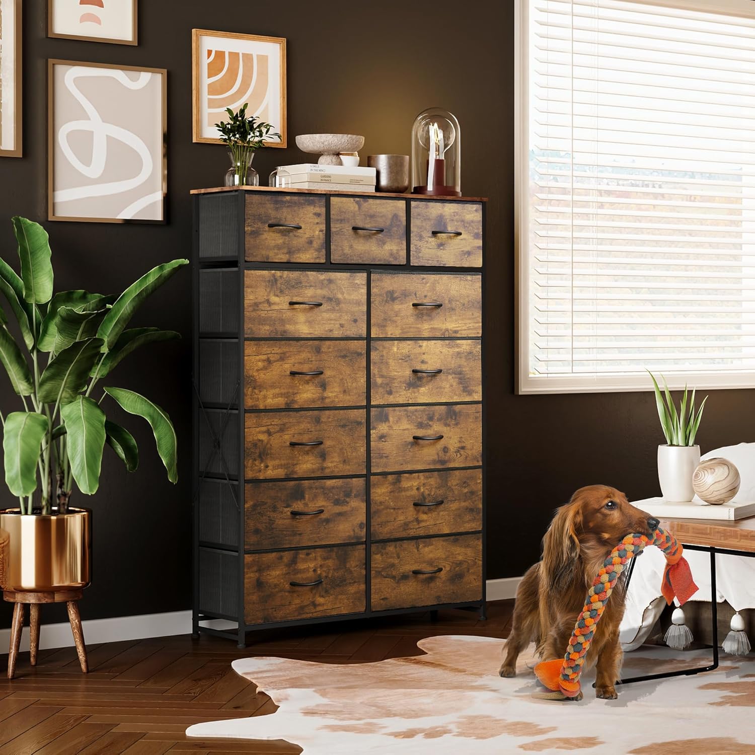 ACCVER 13-Drawer Fabric Dresser with Wood Top & Metal Frame, Closet and Chest for Bedroom, Clothes Storage Organizer, for Living Room, Apartment,Brown
