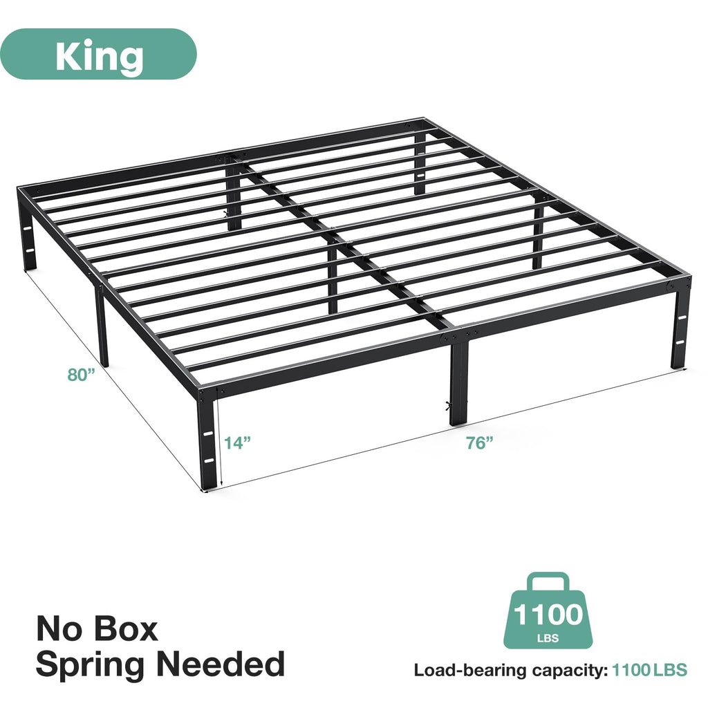 ACCVER King Size Bed Frame - 14in Heavy-Duty Steel Platform, Ample Under-Bed Storage Space, No Box Spring Needed, Sturdy Metal Slat Support