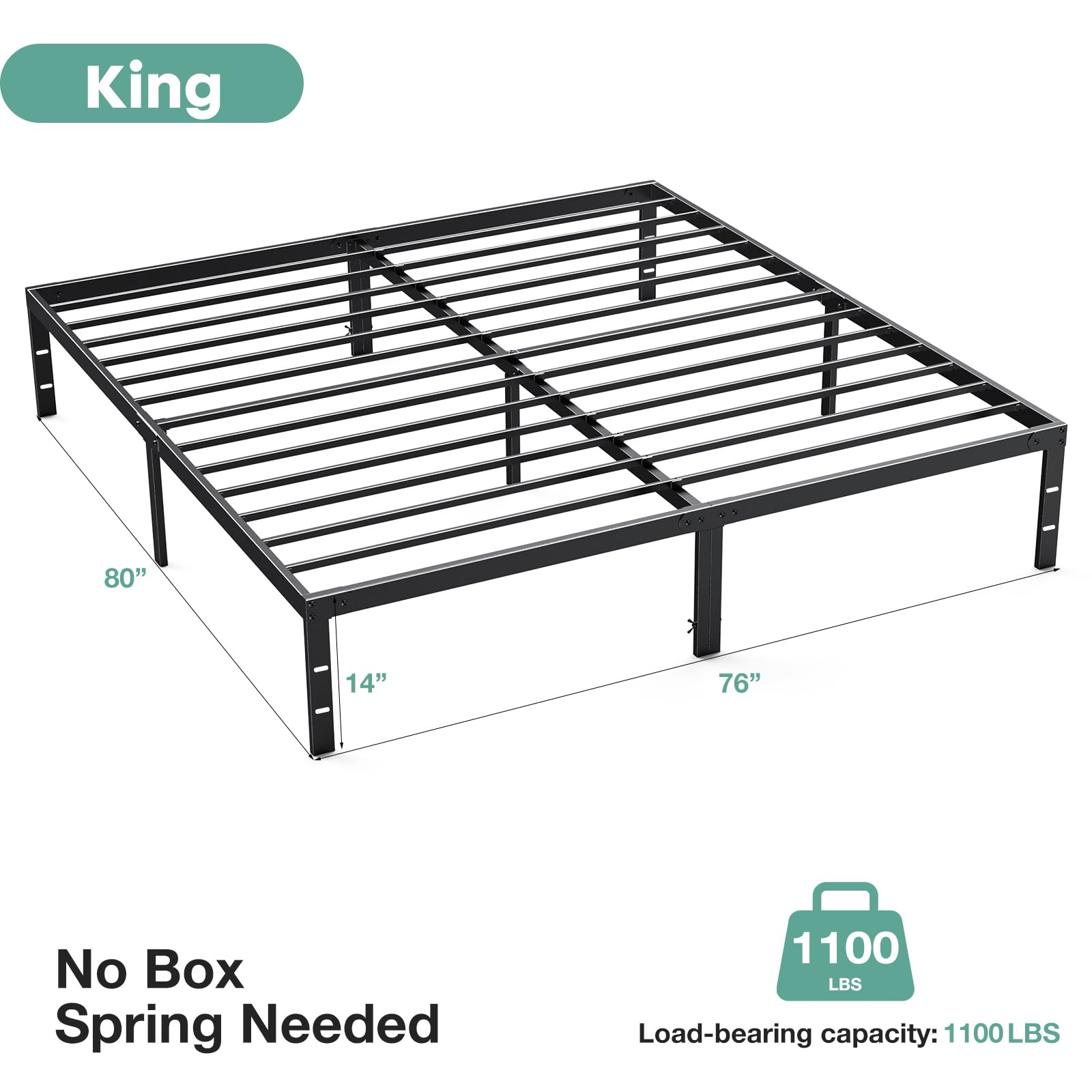 ACCVER King Size Bed Frame - 14in Heavy-Duty Steel Platform, Ample Under-Bed Storage Space, No Box Spring Needed, Sturdy Metal Slat Support