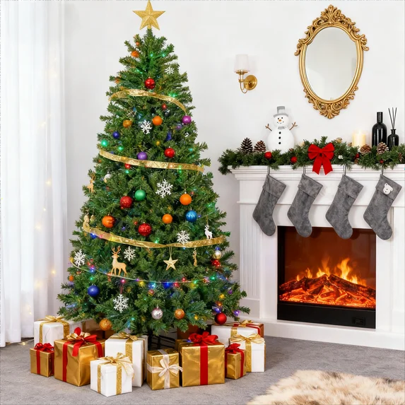 LIFERECORD 9ft Pre-lit Artificial Christmas Tree with 600 Color Changing LED Lights, 8 Modes Full Green PVC Xmas Tree with 2000 Branch Tips & Metal Stand for Party Decoration