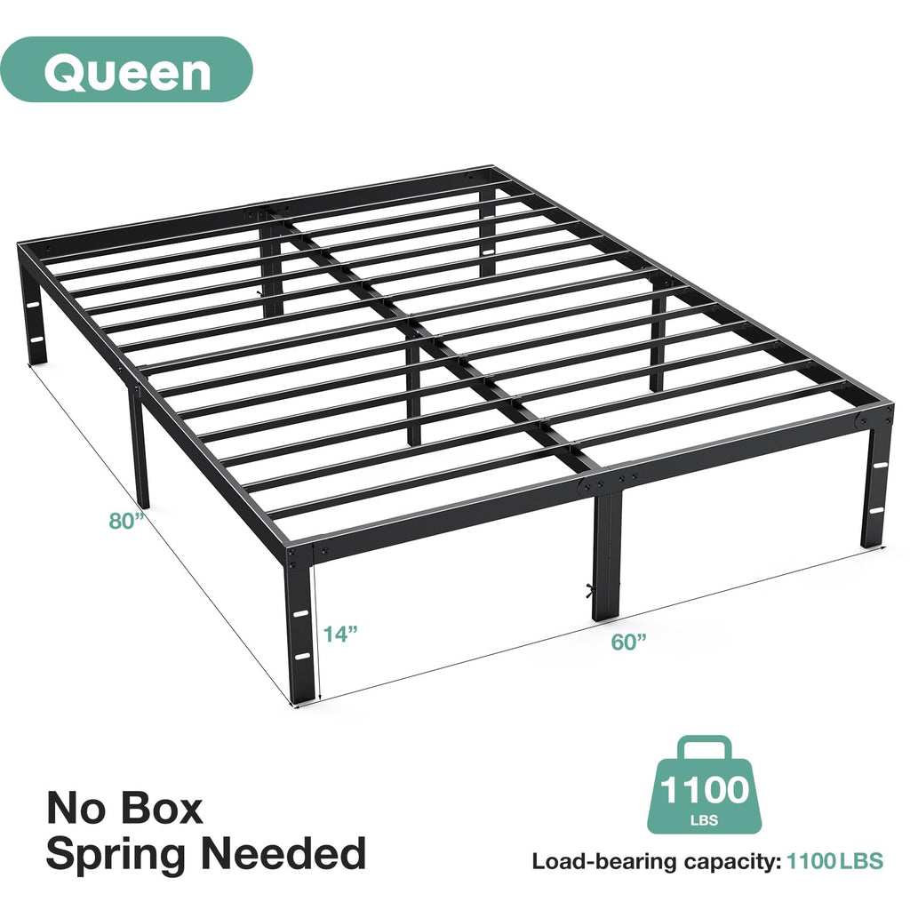ACCVER Queen Size Bed Frame - 14in Heavy-Duty Steel Platform, Ample Under-Bed Storage Space, No Box Spring Needed, Sturdy Metal Slat Support