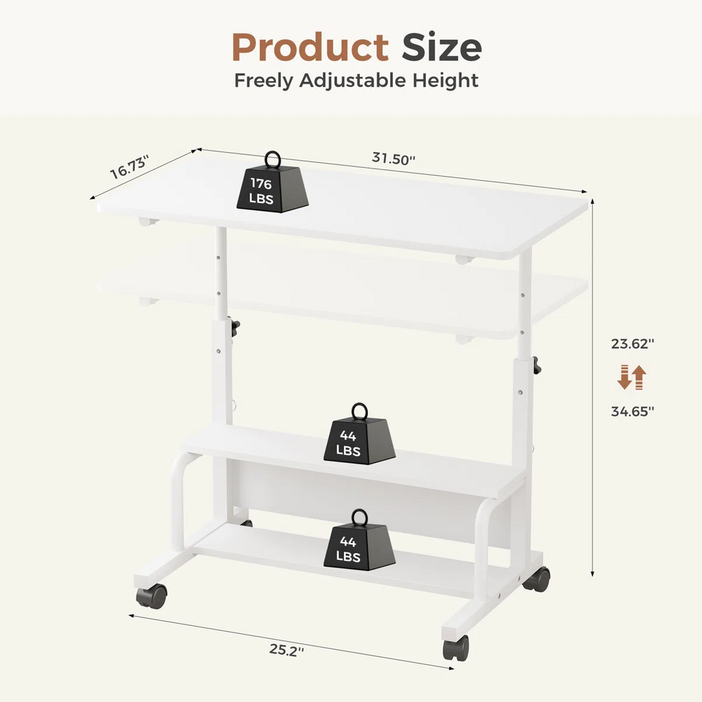 LIFERECORD Adjustable Height Standing Desk 31.5", Portable Rolling Desk on Wheels, Mobile Computer Desk with Lockable Wheels & 2-Tier Storage for Small Spaces Home Office