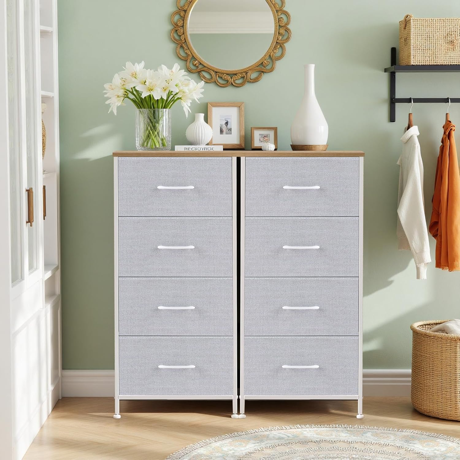 ACCVER Dresser for Bedroom 4 Storage drawer, Fabric Closet Chests Organizer Tower with Wooden Top Metal Frame for Living Room Hallway Entryway, Light Gray