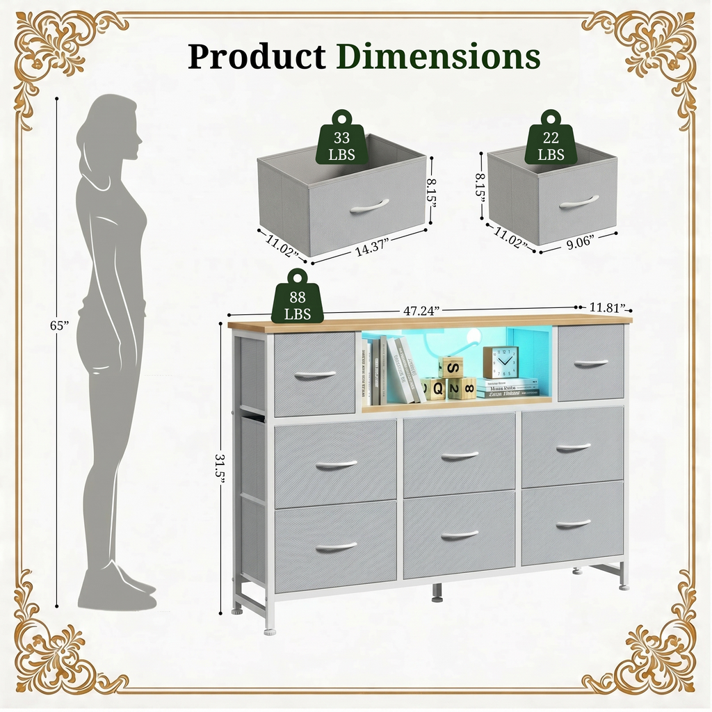 LIFERECORD Dresser TV Stand for 45-55 Inch, Chest of Drawers with LED Lights & USB Ports, Entertainment Center with Charging Station, Wood Top Media Console for Bedroom