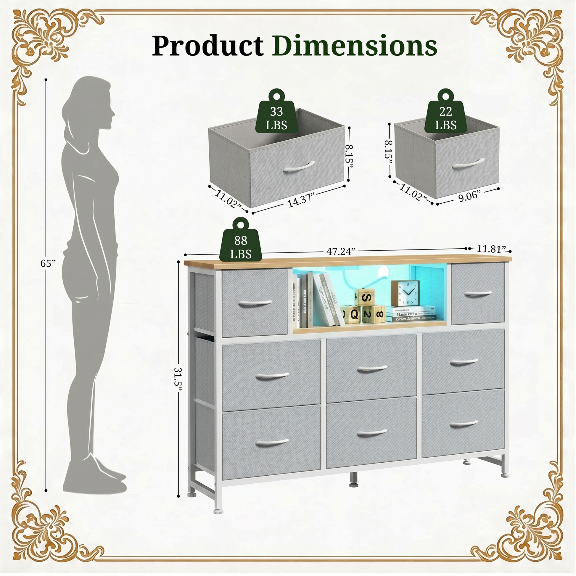 LIFERECORD Dresser TV Stand for 45-55 Inch, Chest of Drawers with LED Lights & USB Ports, Entertainment Center with Charging Station, Wood Top Media Console for Bedroom