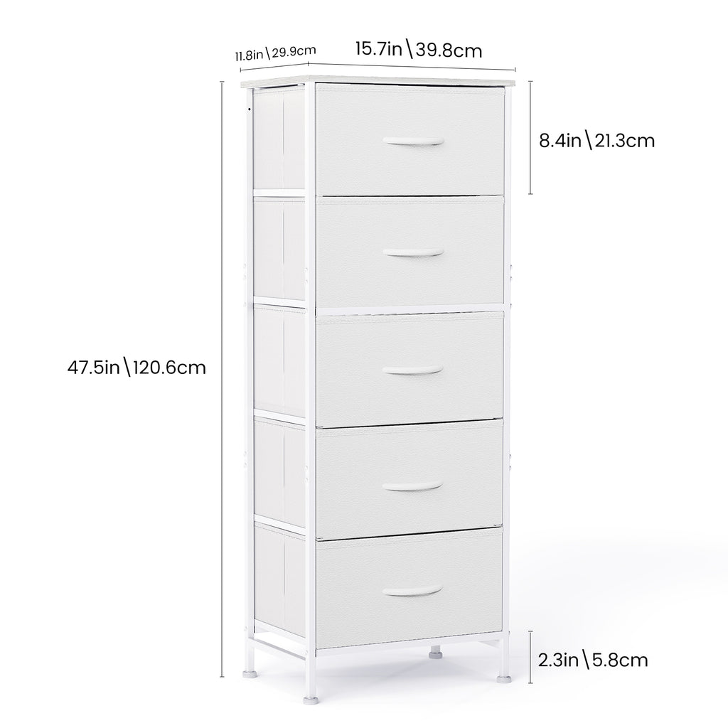 ACCVER Dresser for Bedroom 5 Storage drawer, Fabric Closet Chests Organizer Tower with Wooden Top Metal Frame for Living Room Hallway Entryway, White