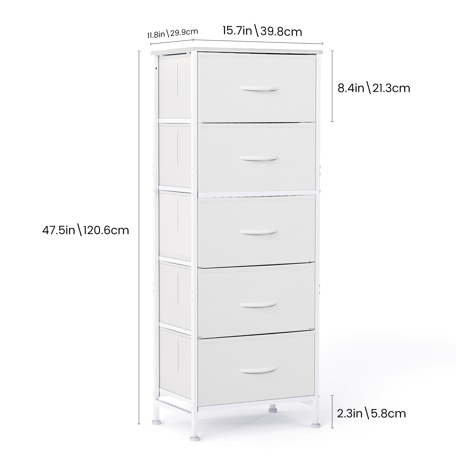 ACCVER Dresser for Bedroom 5 Storage drawer, Fabric Closet Chests Organizer Tower with Wooden Top Metal Frame for Living Room Hallway Entryway, White