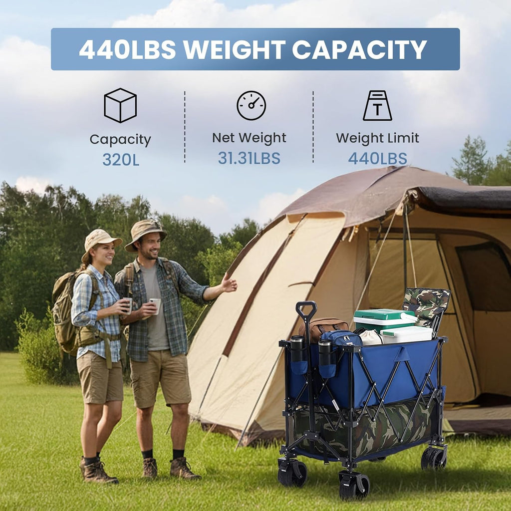 LIFERECORD Heavy-Duty Folding Wagon Cart - 440lb Capacity Foldable Utility Cart with Adjustable Handle & All-Terrain Wheels, Blue