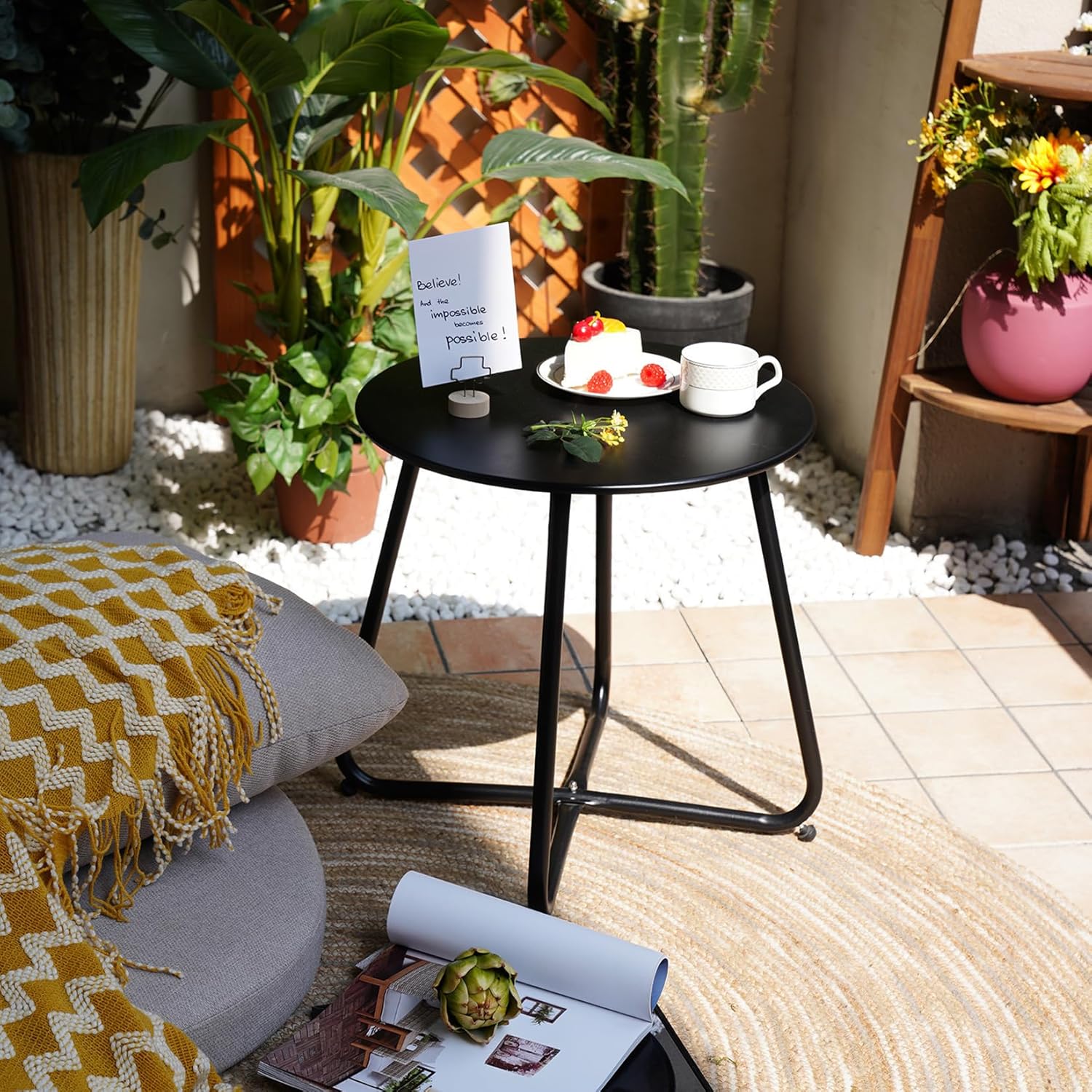 ACCVER Outdoor Side Table, 18-inch Small Round Side Snack Table with Adjustable Feet, Anti-Rust Metal End Accent Table for Patio Porch Balcony, Black