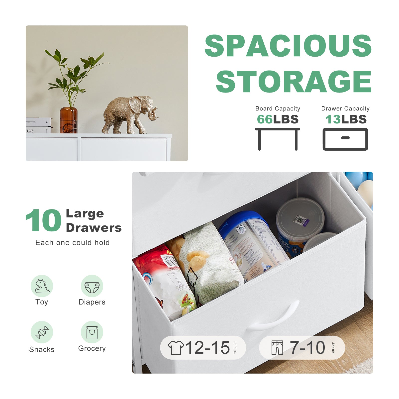 ACCVER 10-Drawer Fabric Dresser with Wood Top & Metal Frame, Closet and Chest for Bedroom, Clothes Storage Organizer, for Living Room, Apartment,White