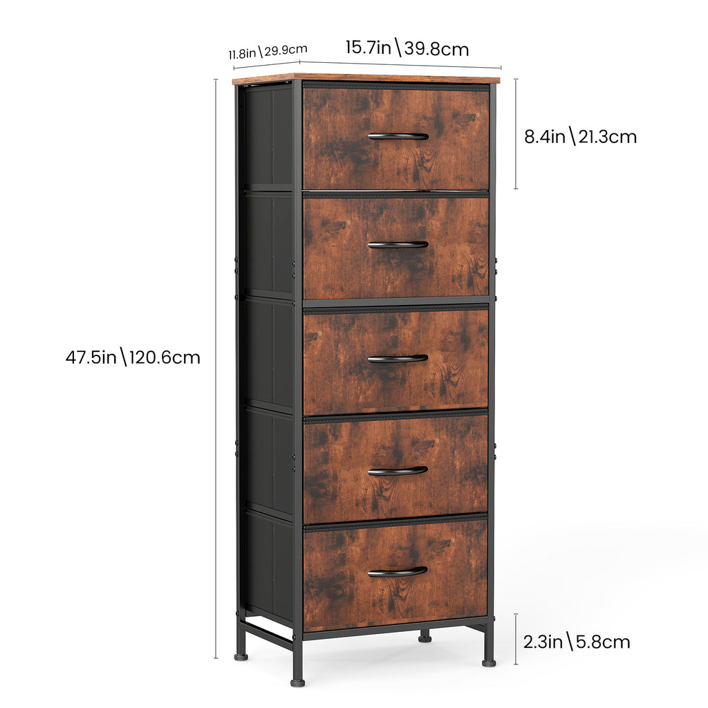 ACCVER Dresser for Bedroom 5 Storage drawer, Fabric Closet Chests Organizer Tower with Wooden Top Metal Frame for Living Room Hallway Entryway, Brown