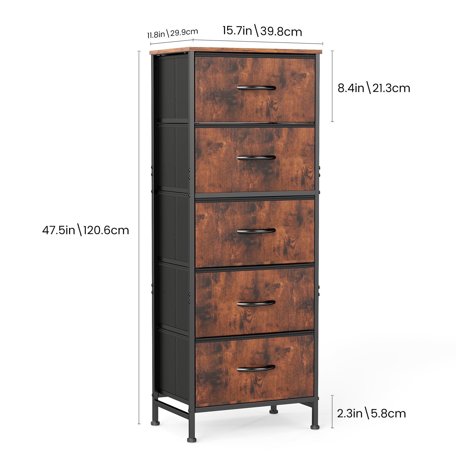 ACCVER Dresser for Bedroom 5 Storage drawer, Fabric Closet Chests Organizer Tower with Wooden Top Metal Frame for Living Room Hallway Entryway, Brown