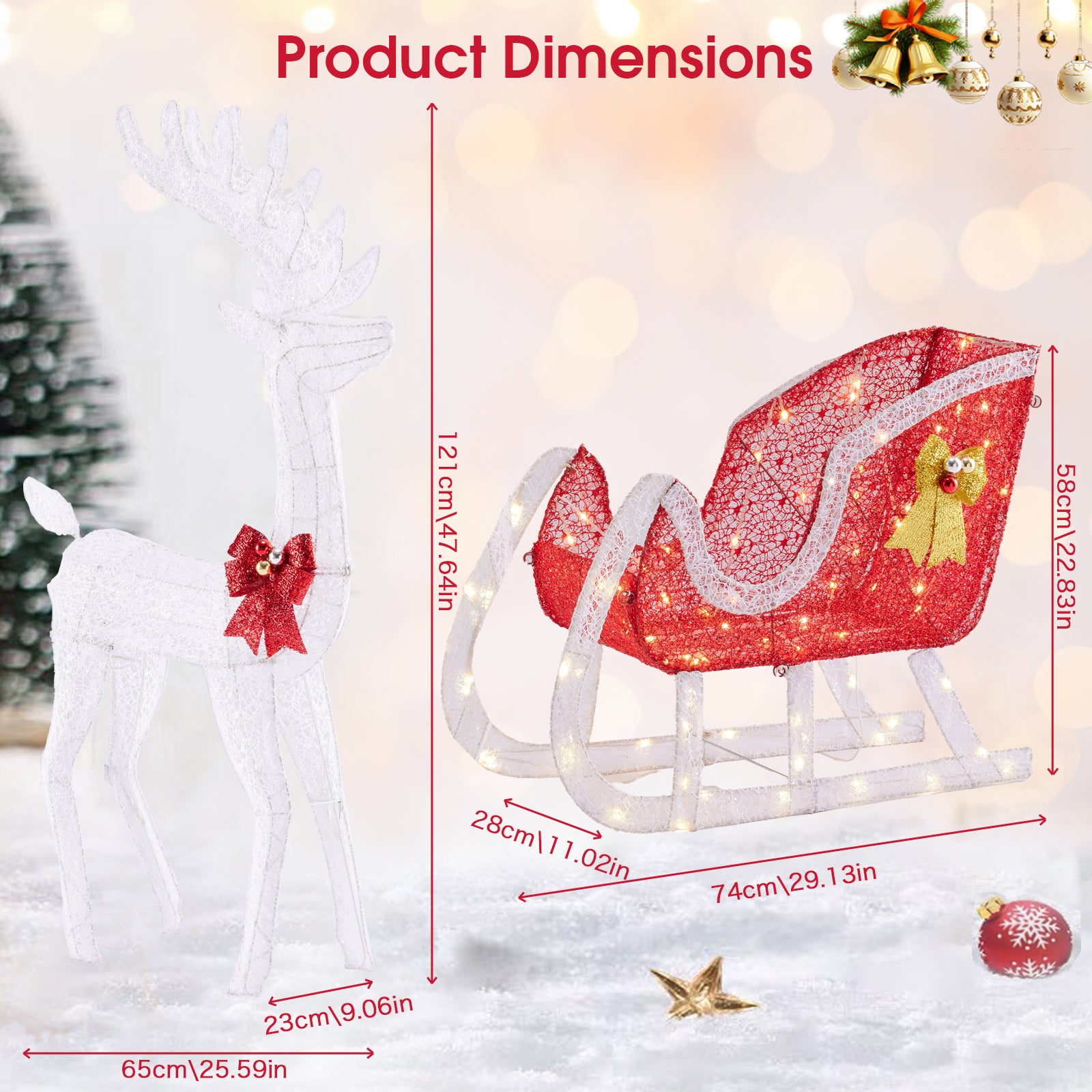 LIFERECORD 4 FT Christmas Lighted Reindeer & Santa's Sleigh, Indoor/Outdoor Xmas Pre-Lit Yard Decoration with 180 LED Lights, Stakes & Zip Ties, Festive Holiday Decoration for Lawn & Garden, White