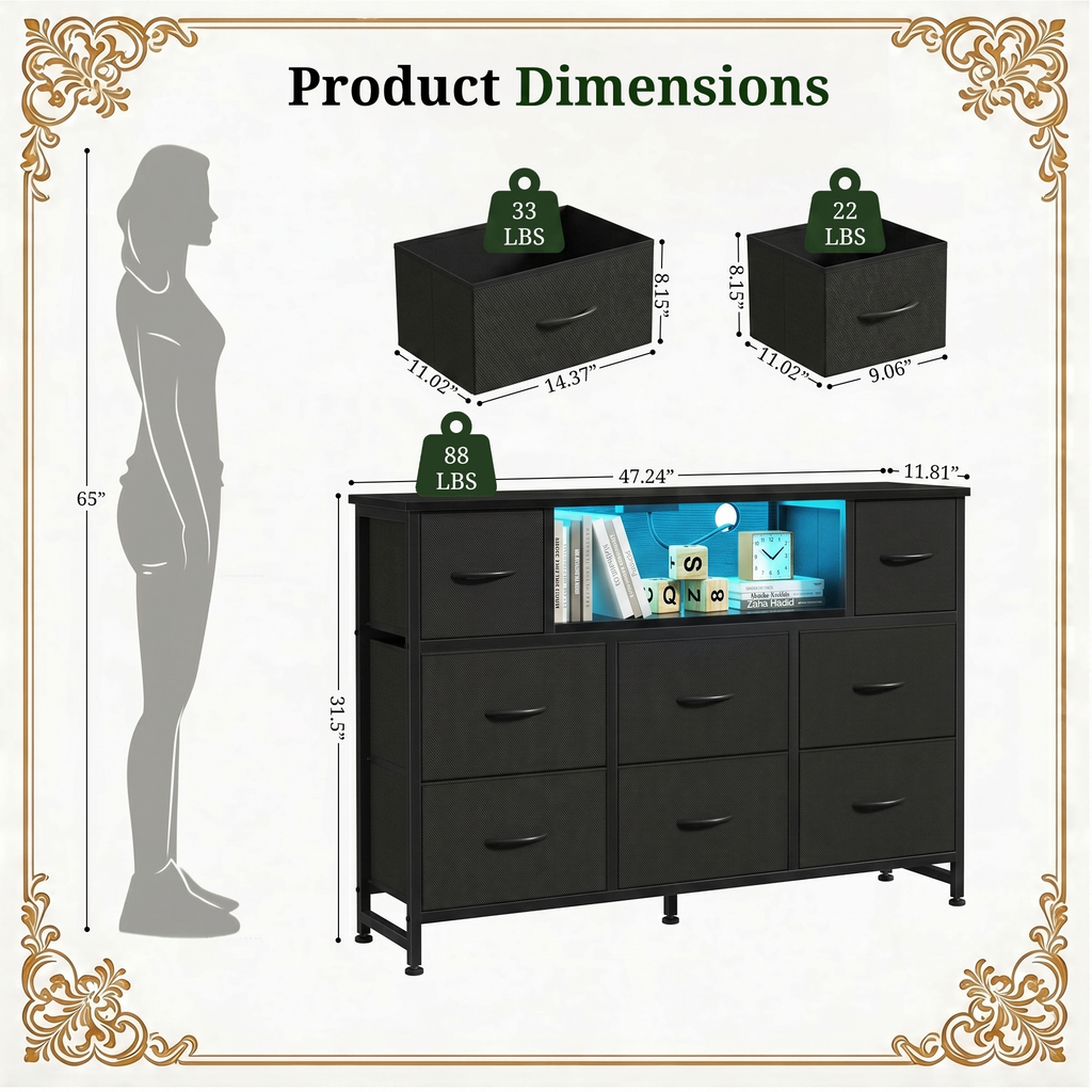 LIFERECORD Dresser TV Stand for 45-55 Inch, Chest of Drawers with LED Lights & USB Ports, Entertainment Center with Charging Station, Wood Top Media Console for Bedroom