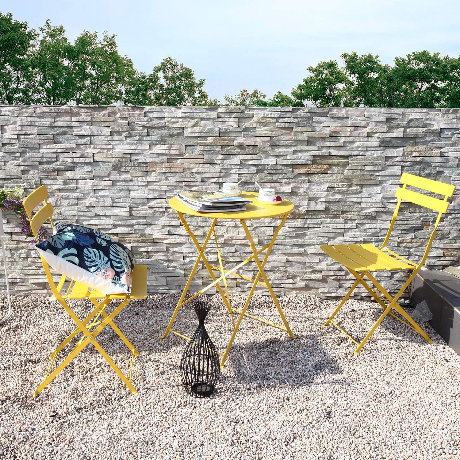 3-Piece Folding Bistro Set, 2 Chairs and 1 Table, Weather-Resistant Outdoor Indoor Conversation Set for Patio, Yard, Yellow