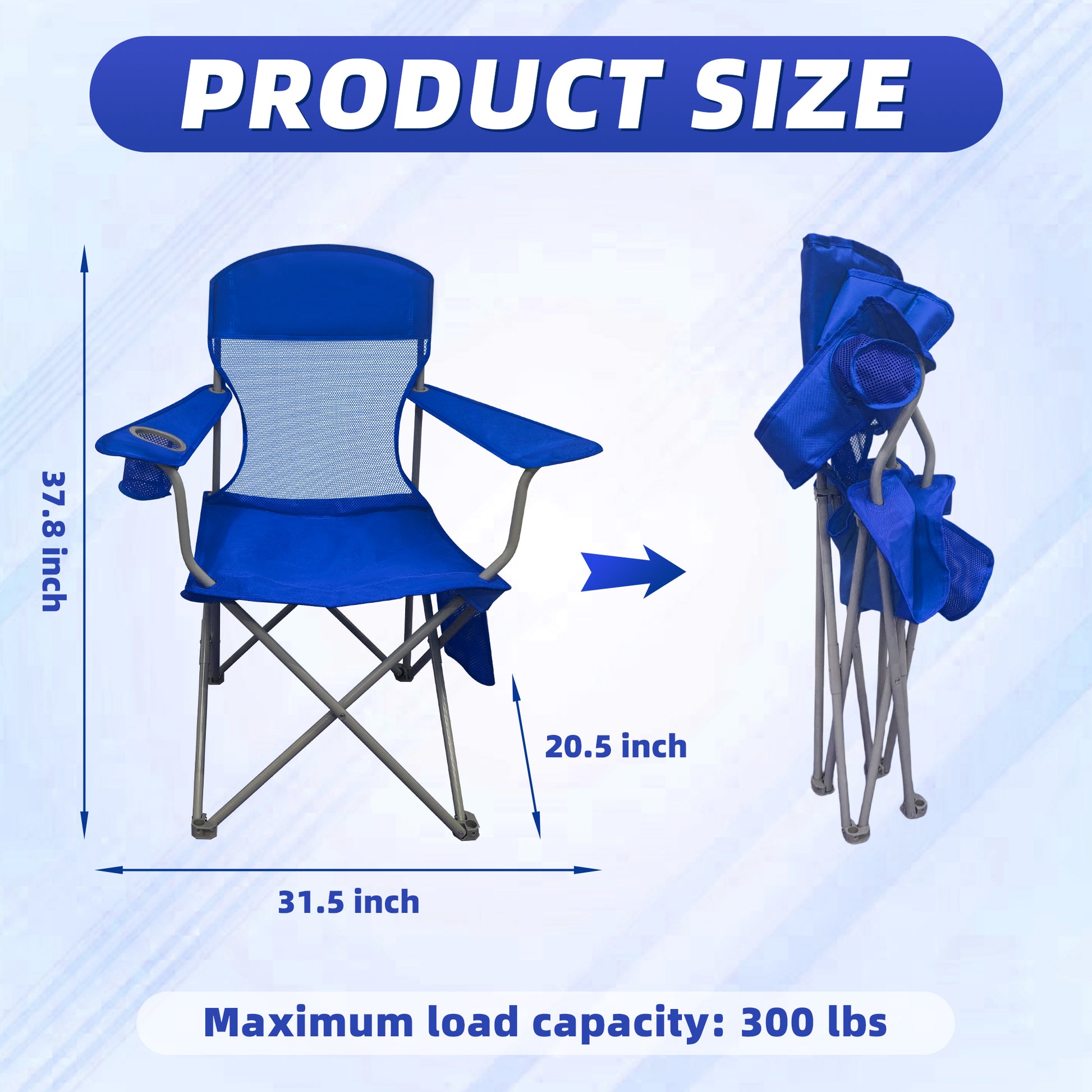 LIFERECORD Portable Camping Chair with Cup Holder & Side Pocket, Lightweight Folding Outdoor Chair for Beach, Fishing, Picnic, Heavy Duty 300LBS Capacity, Blue