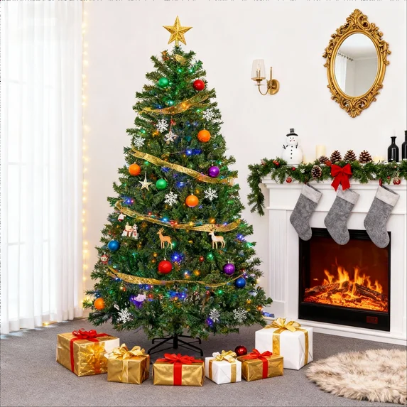 LIFERECORD 7.5ft Pre-lit Artificial Christmas Tree with 450 Color Changing LED Lights, 8 Modes Full Green PVC Xmas Tree with 1000 Branch Tips & Metal Stand for Party Decoration