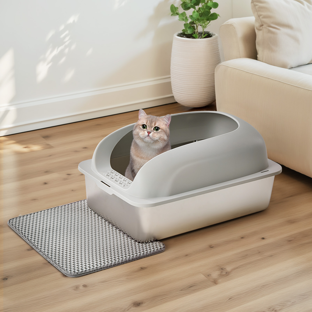 LIFERECORD Stainless Steel Cat Litter Box, Large Metal Cat Litter Box, Scoop and Mat Included, Easy to Clean and Odor Resistant for Multiple Cats, Light Gray