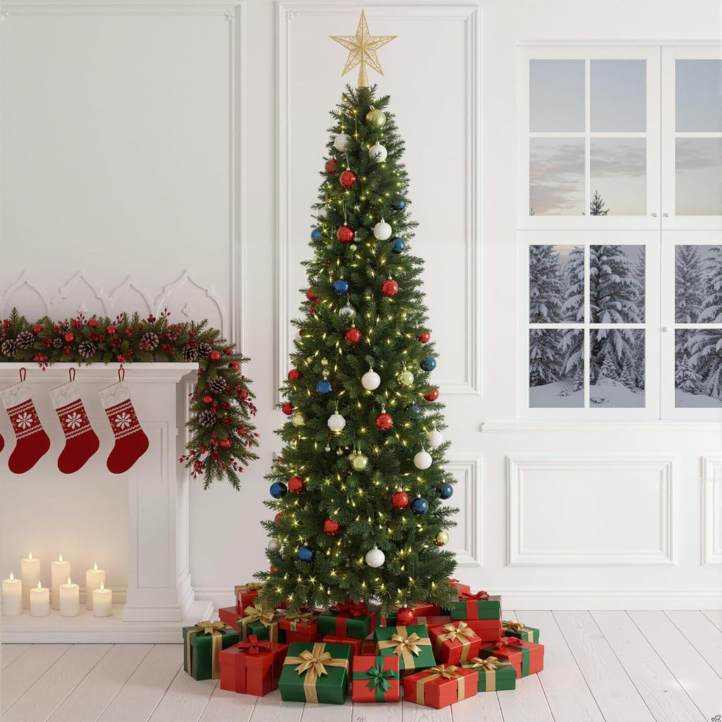 LIFERECORD 7.5ft Prelit Artificial Hinged Slim Pencil Christmas Tree with 350 Lights, 860 Full Branch Tips, 8 Warm Lingting Motes Perfect Decoration for Xmas Holiday, Green