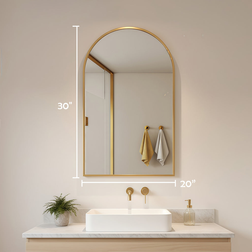 LIFERECORD 20"x30" Metal Frame Arched Bathroom Mirror, Gold