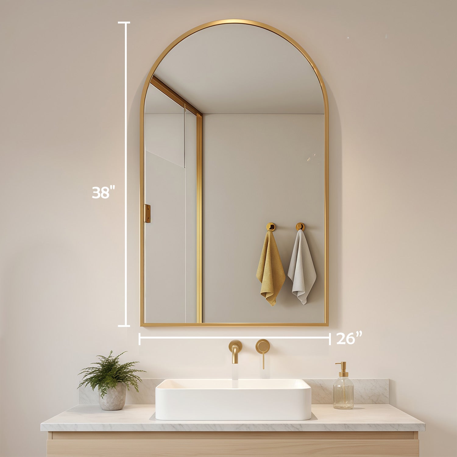 LIFERECORD 26" x 38" Metal Frame Arched Bathroom Mirror, Gold