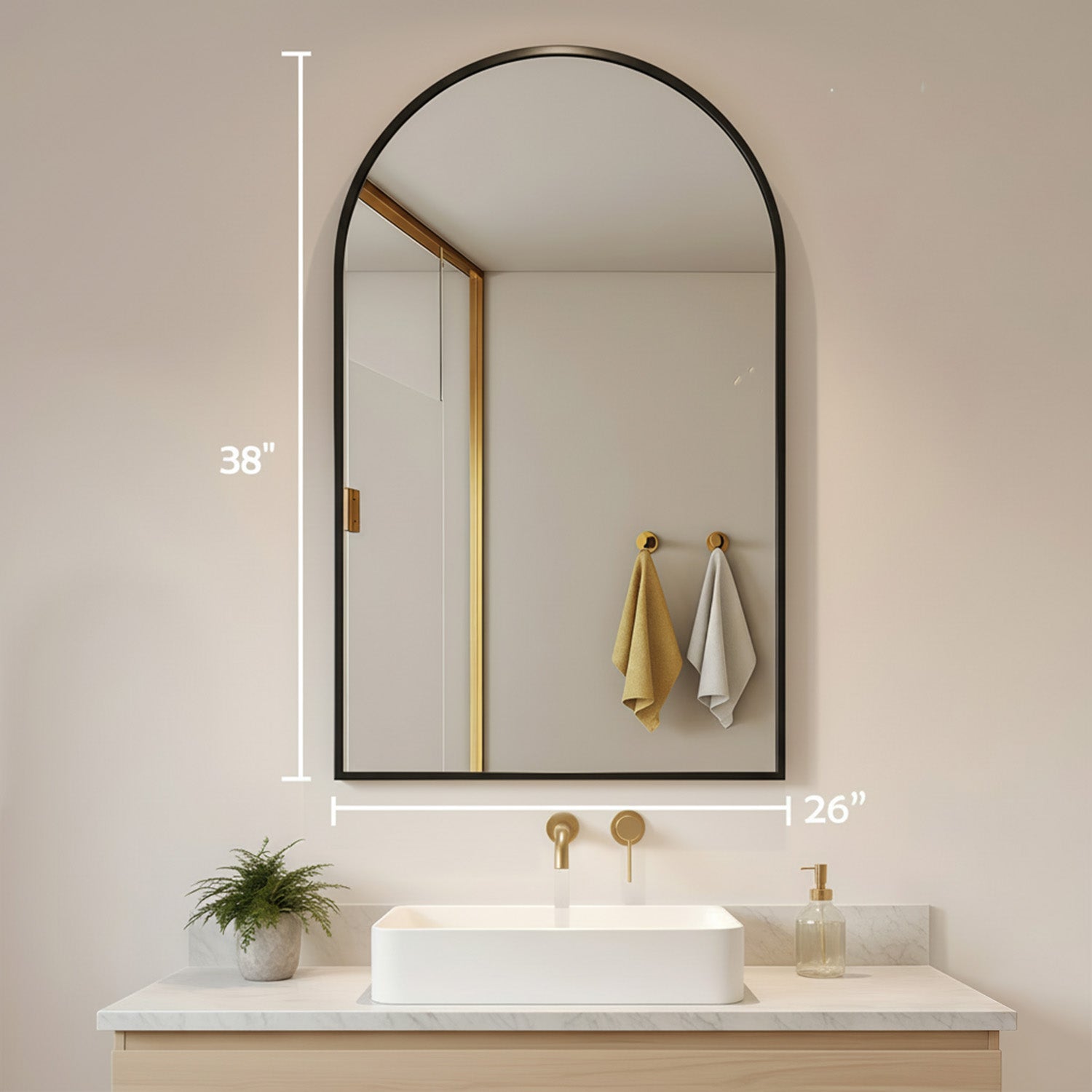 LIFERECORD 26"x38" Metal Frame Arched Bathroom Mirror, Black