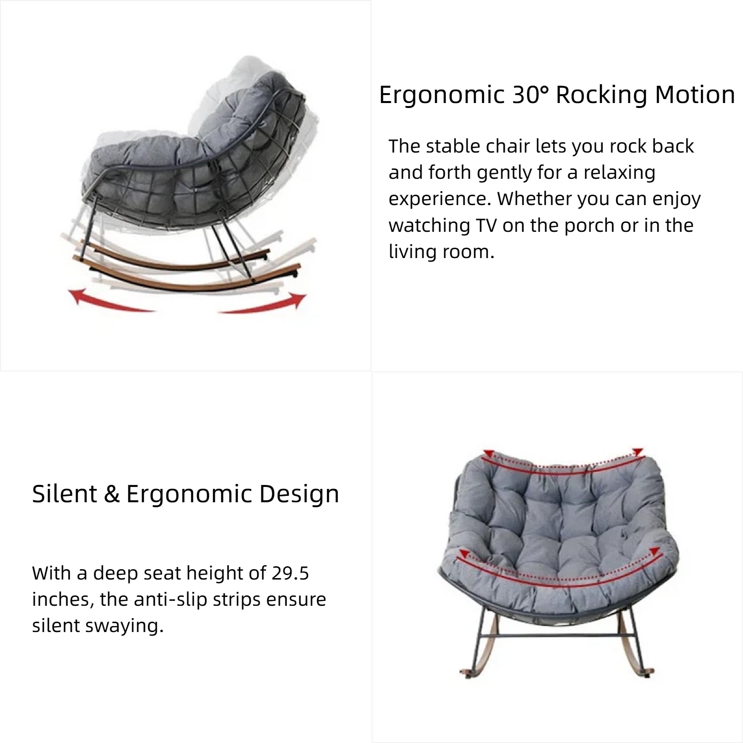 ACCVER Outdoor Rocking Chair E-Coated Rocking Chair with Cushion Outdoor Rocker Recliner Chair for Patio Porch Garden Backyard, Light Gray