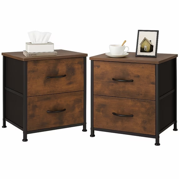 LIFERECORD Set of 2 Nightstands with Storage Drawers | 20" Tall Bedside Table with Wood Top & Fabric Cabinet for Bedroom, Dorm, Living Room, Rust Brown