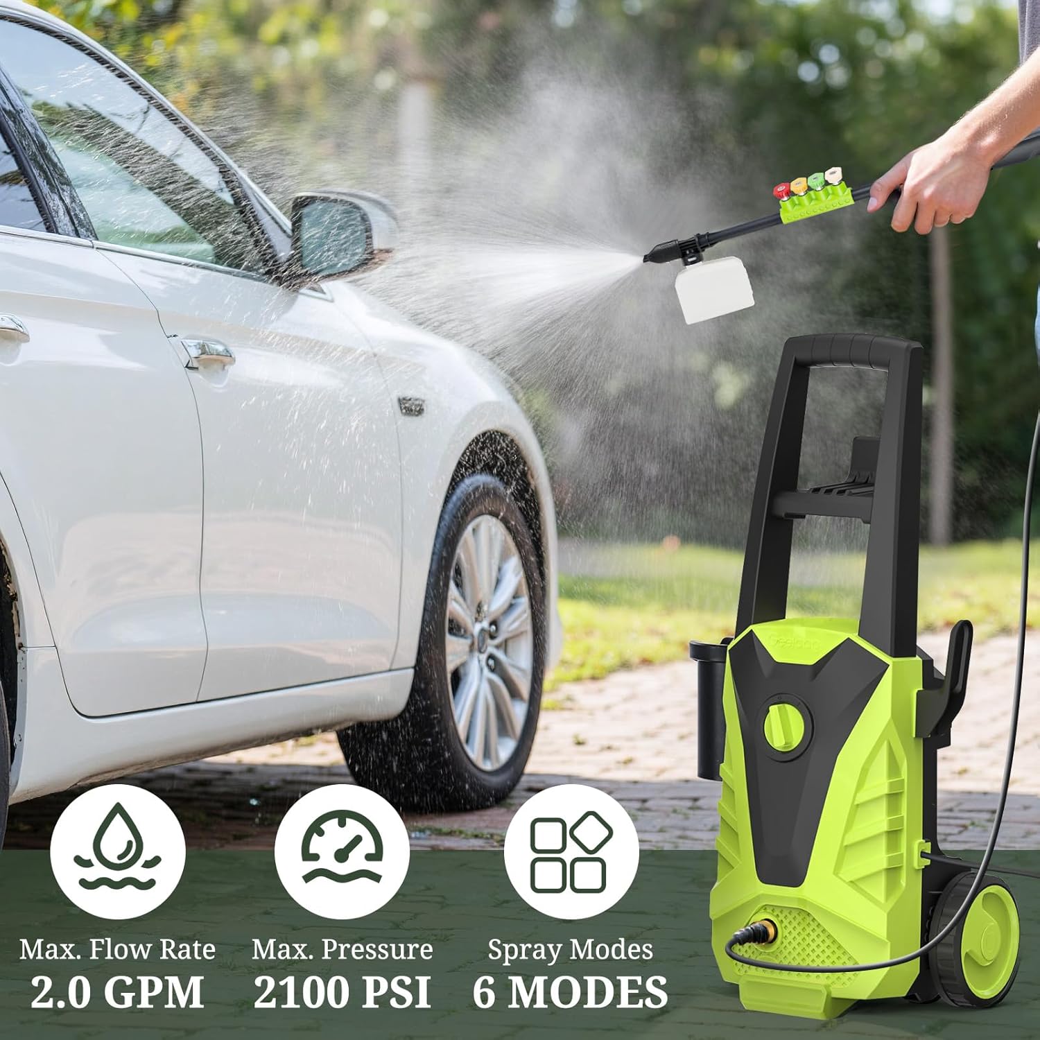 ROSVOVO 2100 PSI Electric Pressure Washer with Foam Cannon - 2.0 GPM High Pressure Cleaner with 5 Nozzles for Driveway, Car & Patio Cleaning, Green
