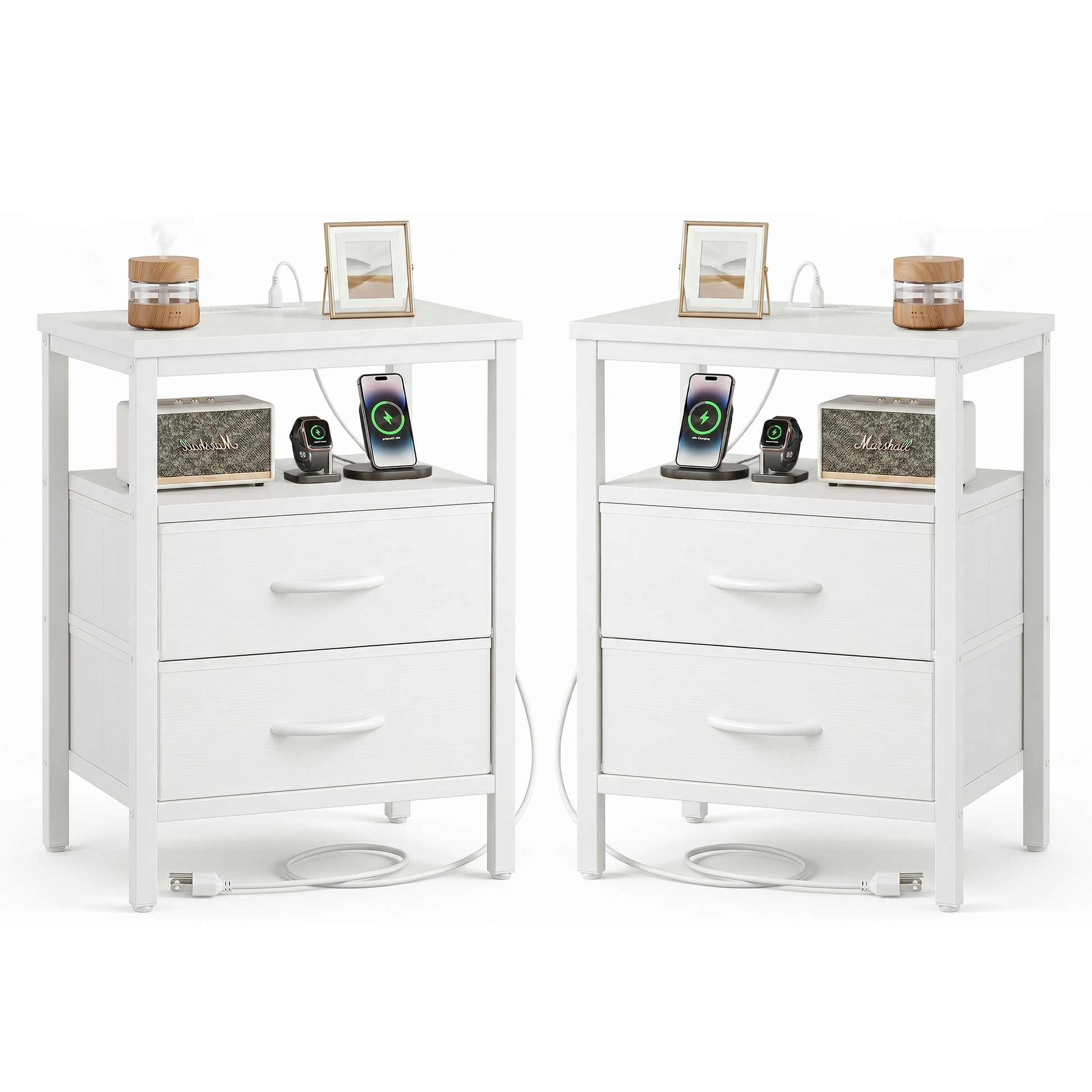 LIFERECORD Nightstand Set of 2 with 2 Fabric Drawers, Nightstand with Charging Station, End Tables with Storage Shelf for Small Spaces, Bedside Table Side Tables for Bedroom, White