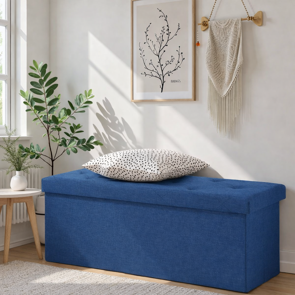 ACCVER 43" Storage Ottoman Bench - Foldable Ottoman Upholstered Entryway Bench, 660lbs Large End of Bed Bench with Storage Chest for Bedroom, Living Room, Blue