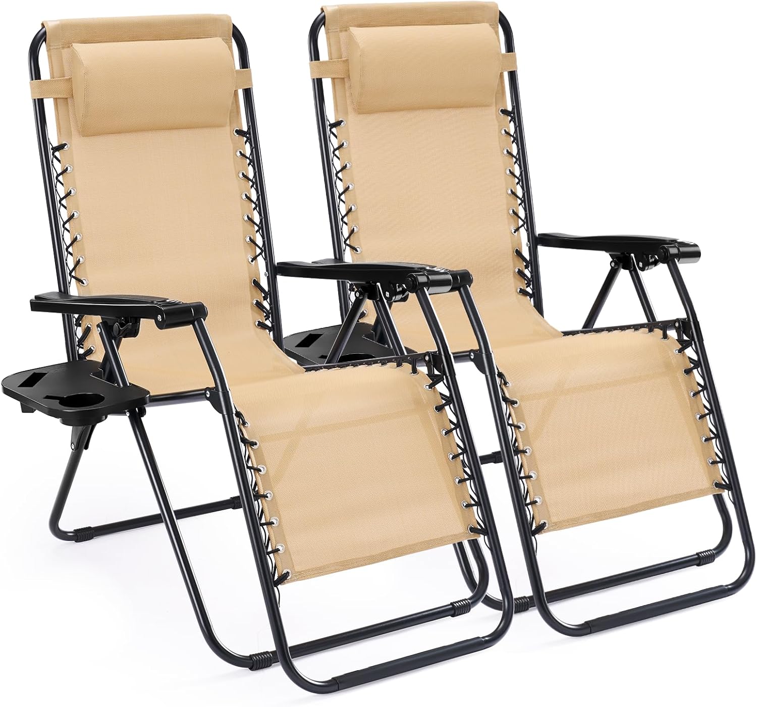 ACCVER Set of 2 Zero Gravity Chairs with Cup Holder Trays, Portable Recliner Beach Camping Patio Outdoor Folding Lounge Chairs with Adjustable Pillow, Khaki