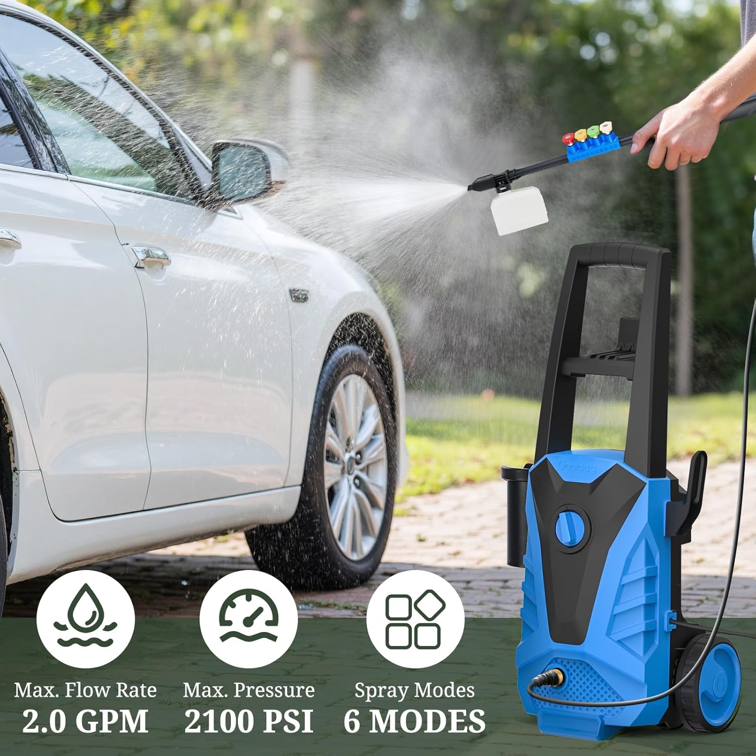 ROSVOVO 2100 PSI Electric Pressure Washer with Foam Cannon - 2.0 GPM High Pressure Cleaner with 5 Nozzles for Driveway, Car & Patio Cleaning, Blue