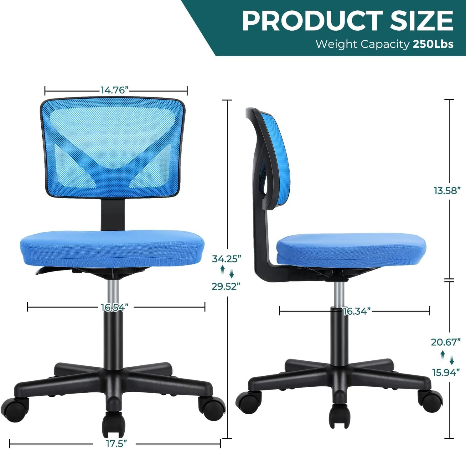 LIFERECORD Ergonomic Armless Office Chair, Swivel Rolling Mesh Desk Chair with Lumbar Support, Adjustable Height Low-Back Computer Chair for Small Spaces, Home, Bedroom, Office