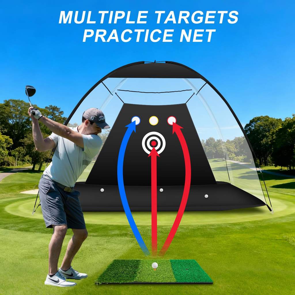 LIFERECORD 10x7ft Golf Net with Tri-Turf Mat, 5 Golf Balls, Carry Bag, Durable Backyard Driving Range for Adults Kids, Portable All-in-1 Home Golf Training Aid with 4 Targets