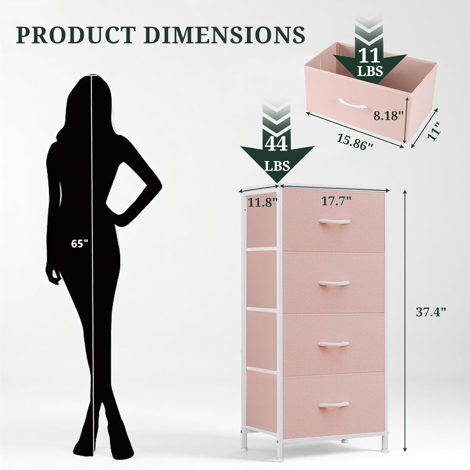 ACCVER Dresser for Bedroom 4 Storage drawer, Fabric Closet Chests Organizer Tower with Wooden Top Metal Frame for Living Room Hallway Entryway, Pink